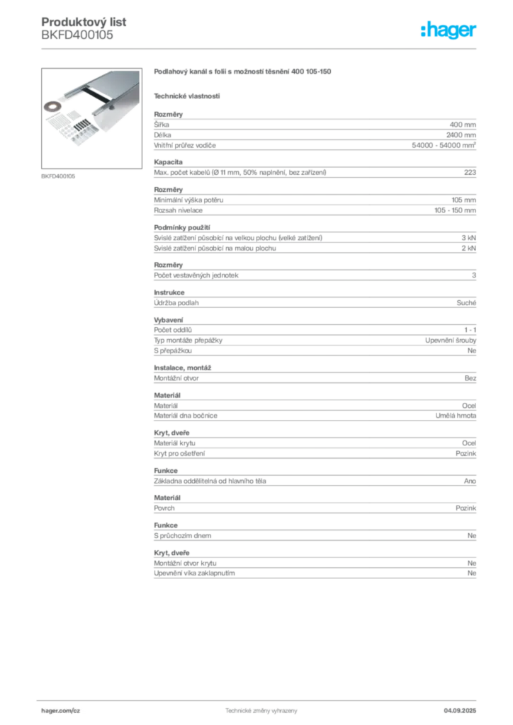Obrázek Hager Produktový list BKFD400105 | Hager
