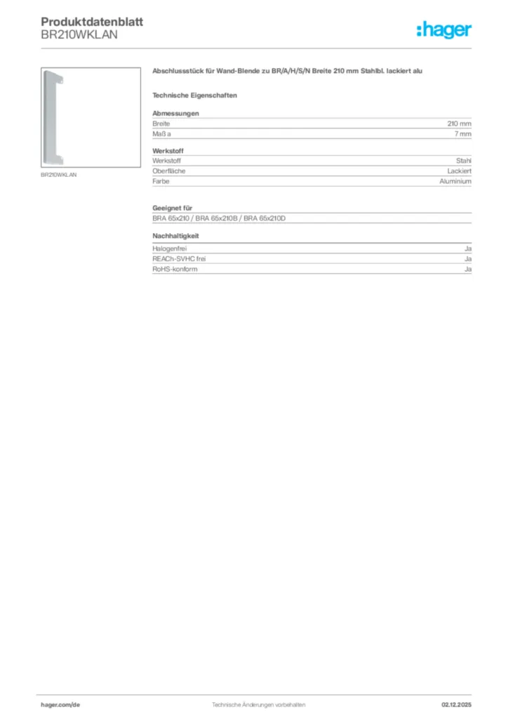 Bild Hager Produktdatenblatt BR210WKLAN | Hager Deutschland