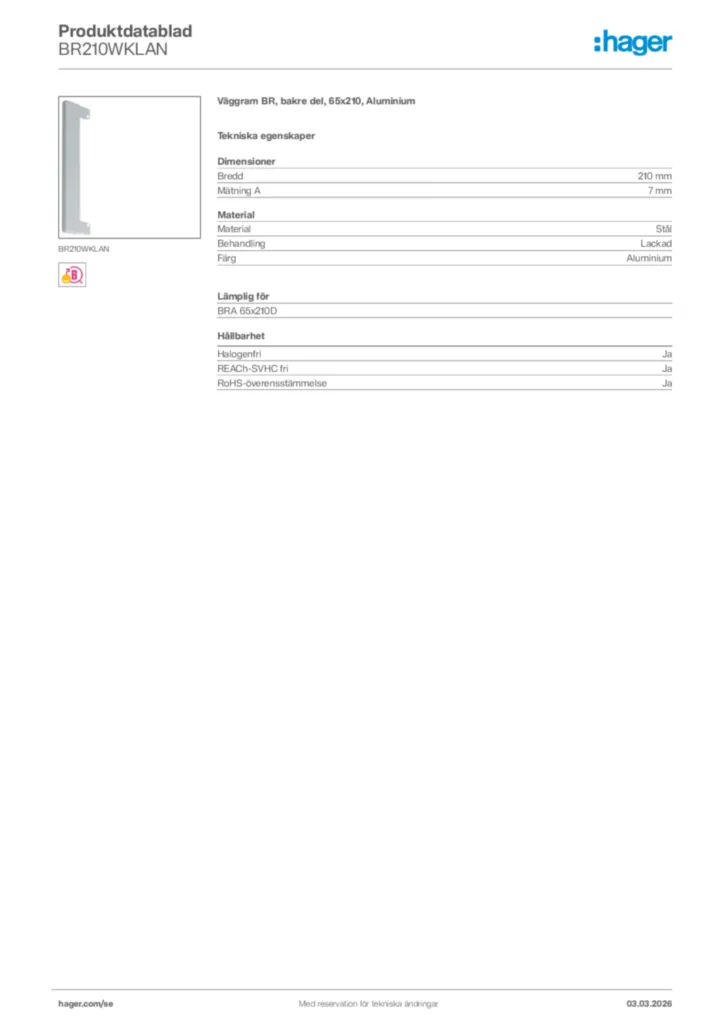 Bild Hager Produktdatablad BR210WKLAN | Hager Sverige