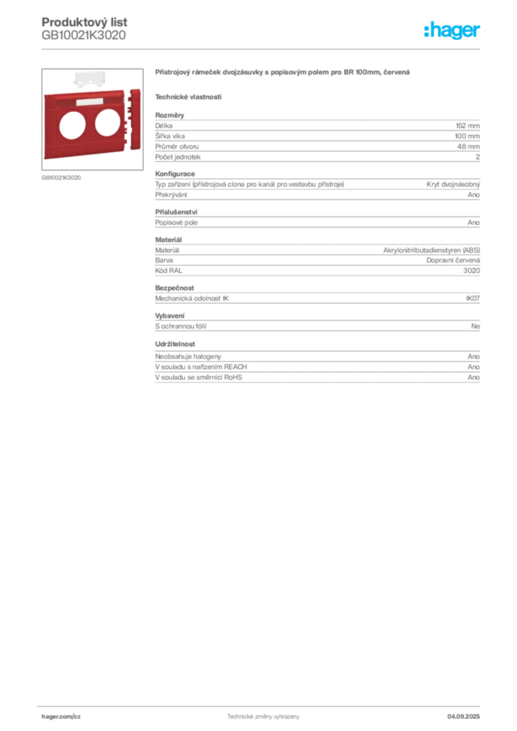 Obrázek Hager Produktový list GB10021K3020 | Hager