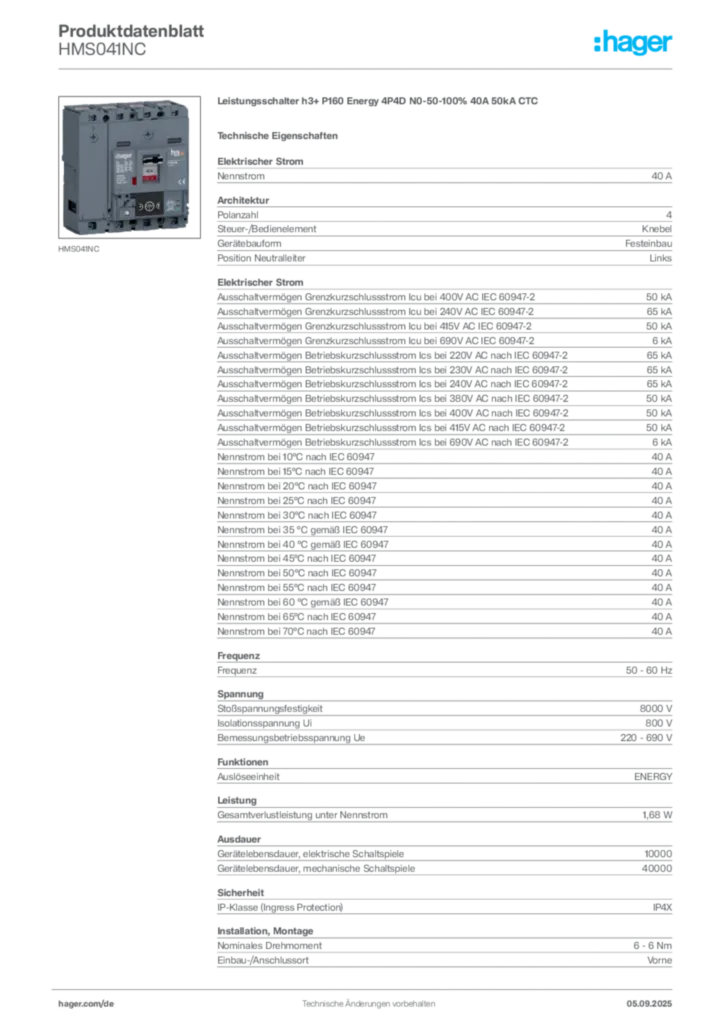 Bild Hager Produktdatenblatt HMS041NC | Hager Deutschland