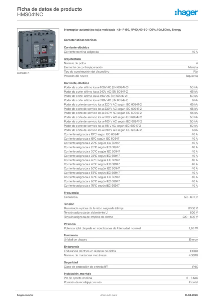 Imagen Hager Ficha de datos de producto HMS041NC | Hager España