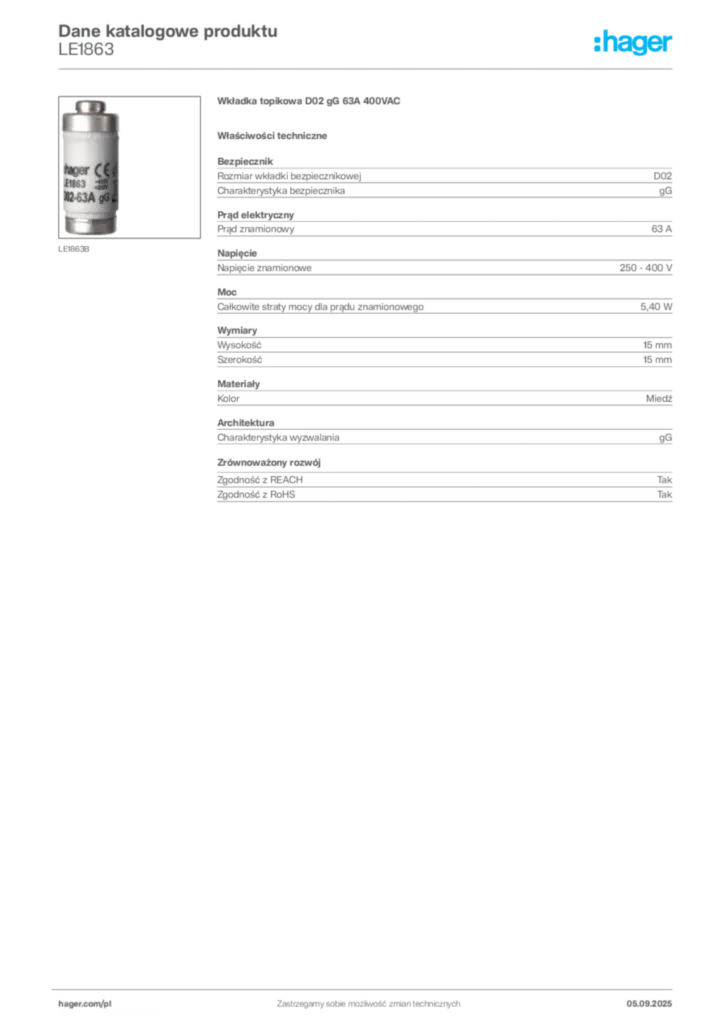 Zdjęcie Hager Dane katalogowe produktu LE1863 | Hager Polska