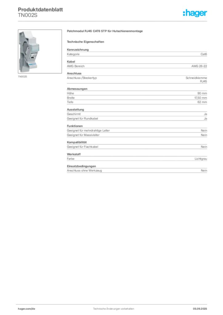 Bild Hager Produktdatenblatt TN002S | Hager Deutschland