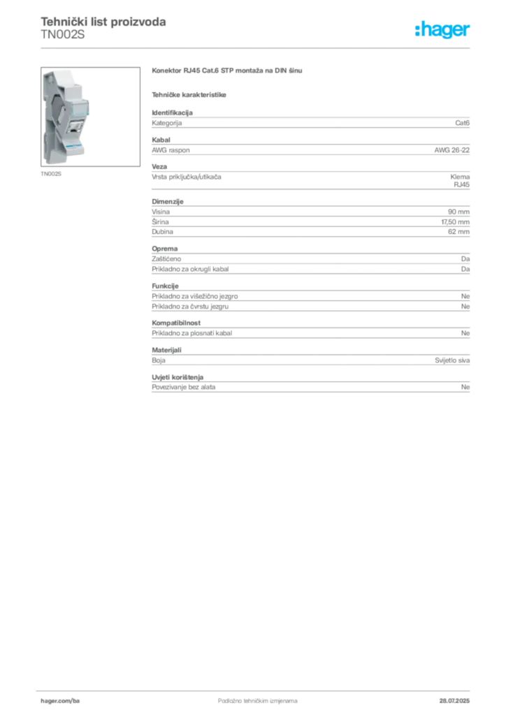 Slika Hager Product data sheet TN002S  | Hager
