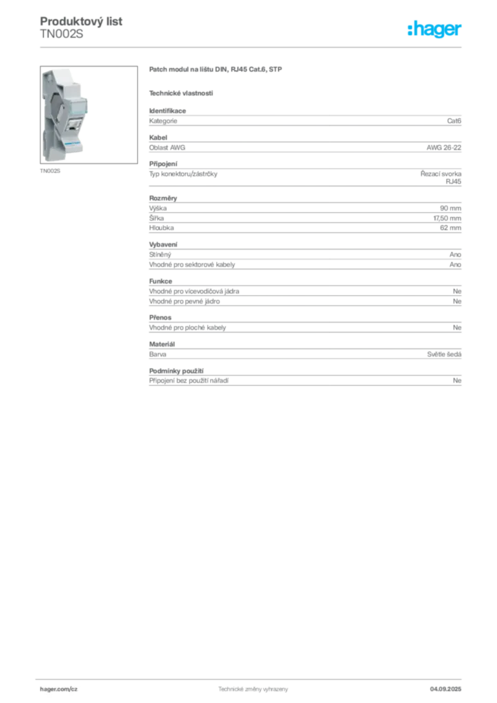 Obrázek Hager Produktový list TN002S | Hager