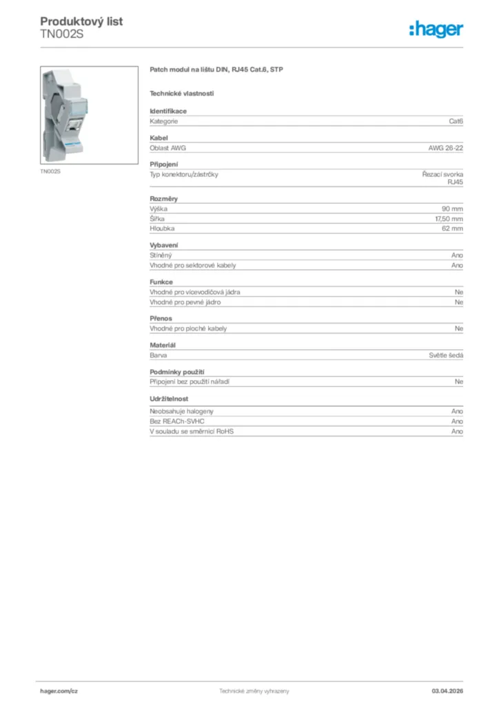 Obrázek Hager Product data sheet TN002S | Hager
