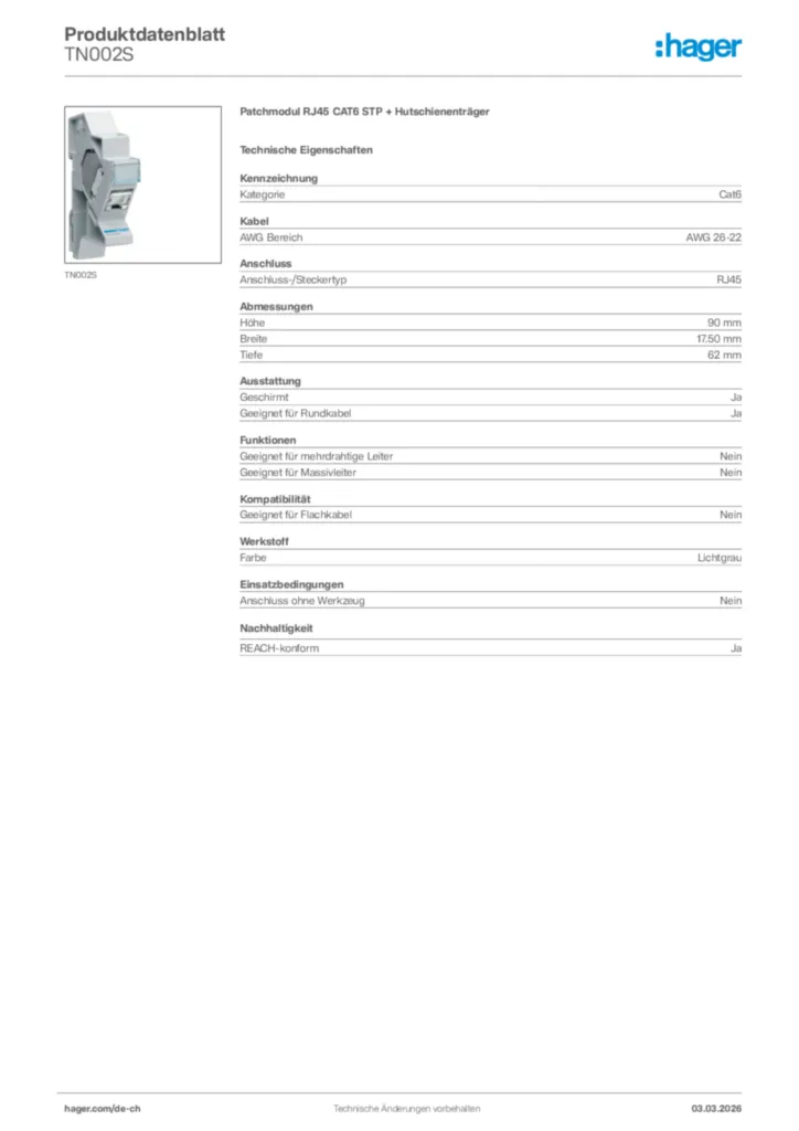 Bild Hager Produktdatenblatt TN002S | Hager Schweiz