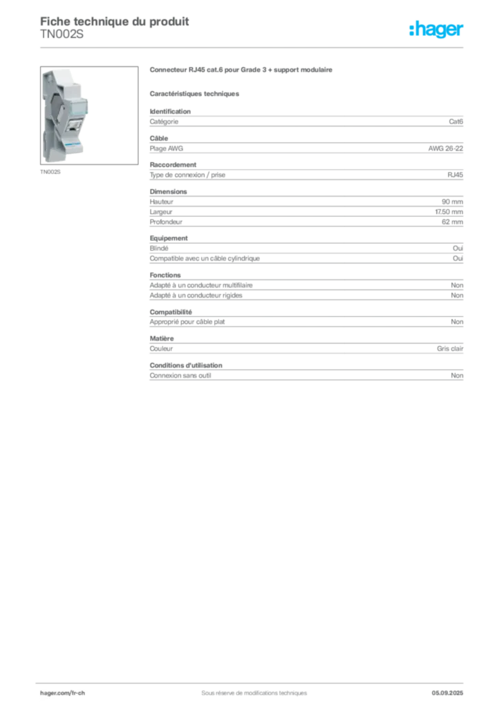 Image Hager Fiche technique du produit TN002S | Hager Suisse