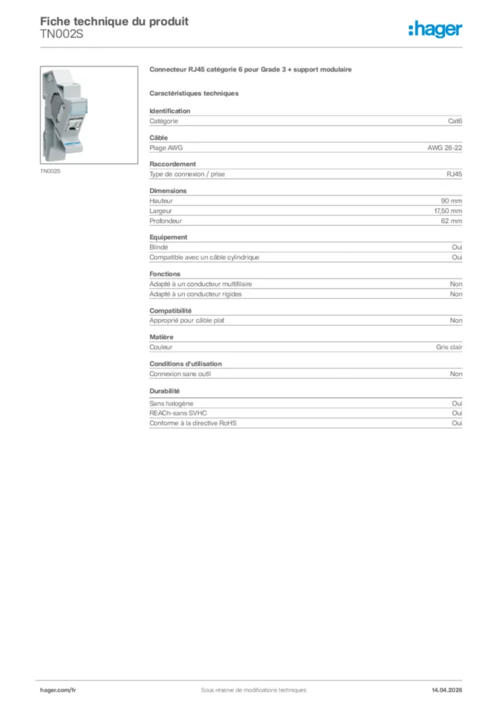 Image Hager Fiche technique du produit TN002S | Hager France