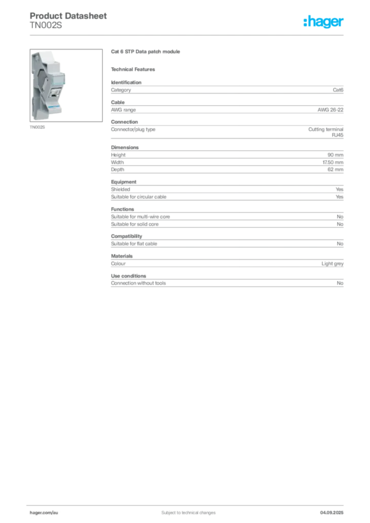Image Hager Product data sheet TN002S  | Hager Australia