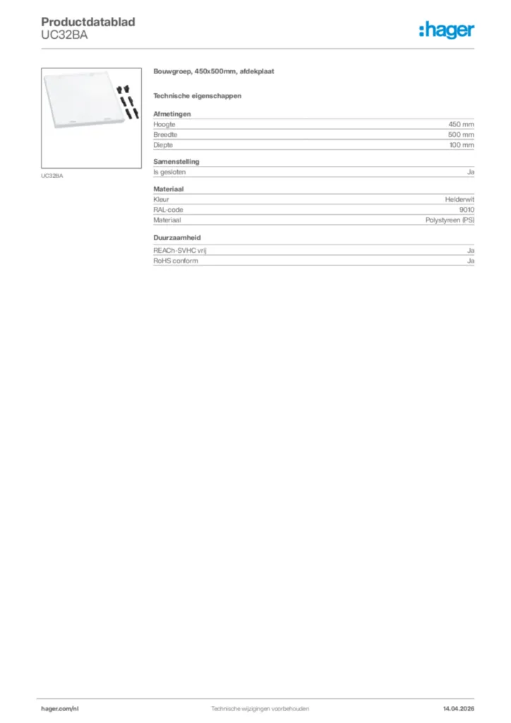 Afbeelding Hager Productdatablad UC32BA | Hager Nederland