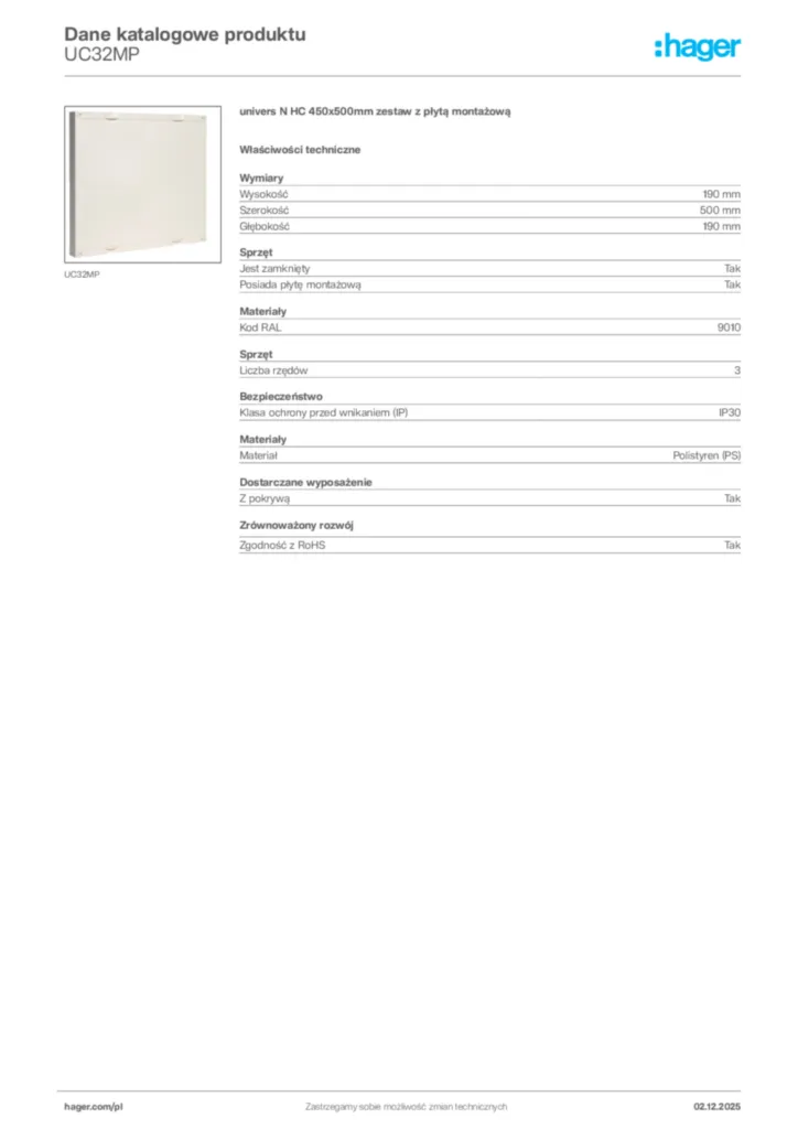 Zdjęcie Hager Dane katalogowe produktu UC32MP | Hager Polska