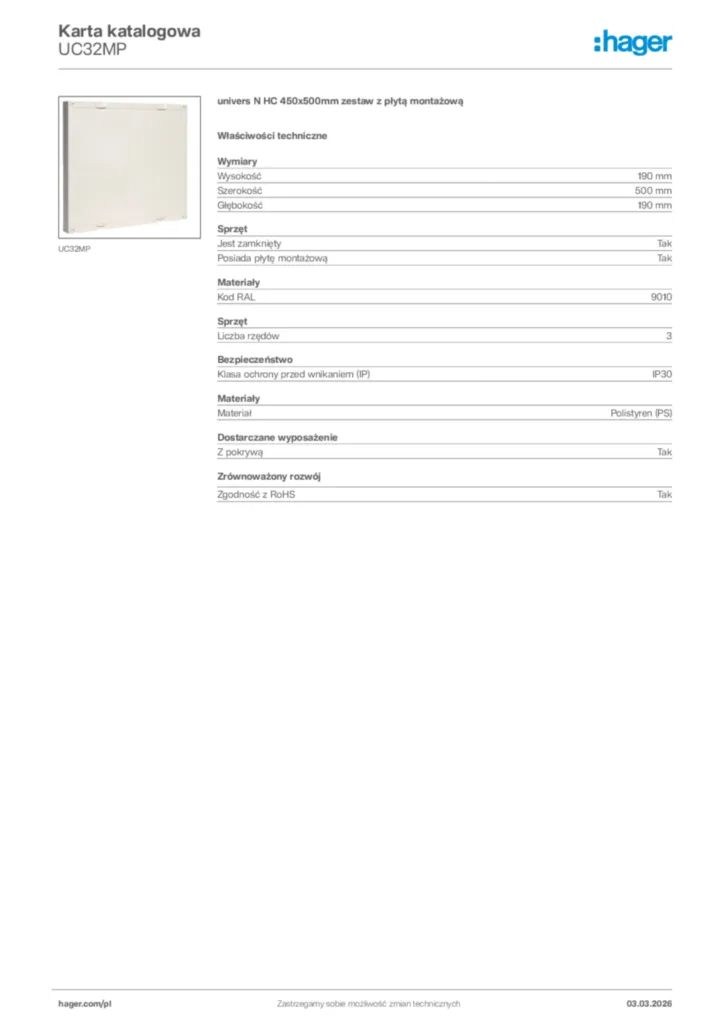 Zdjęcie Hager Karta katalogowa UC32MP | Hager Polska