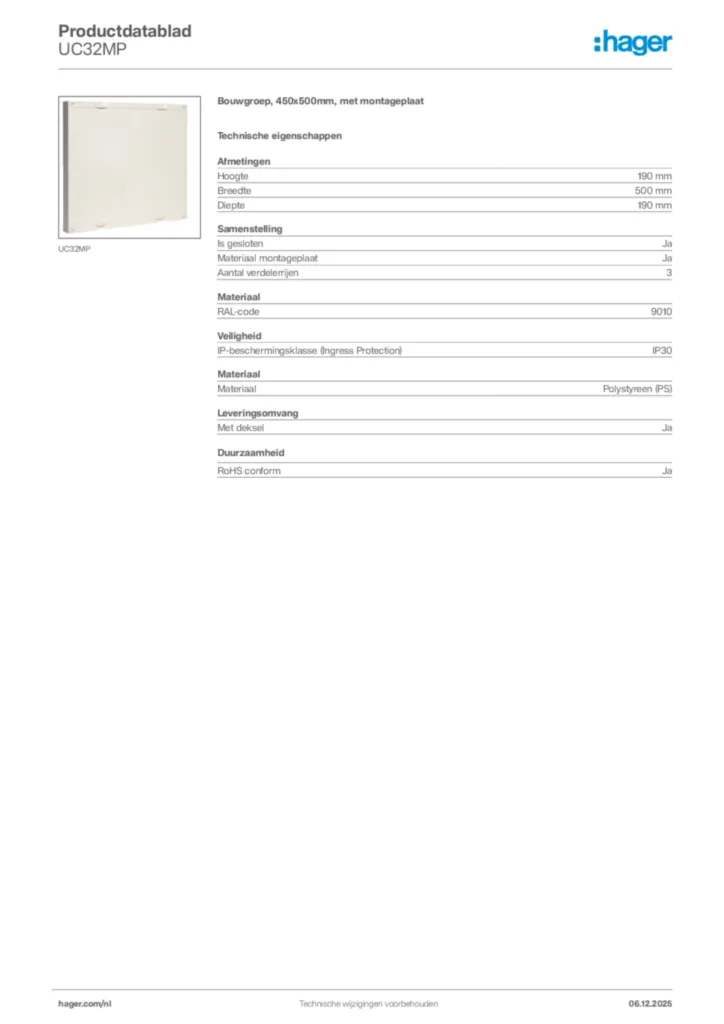 Afbeelding Hager Productdatablad UC32MP | Hager Nederland