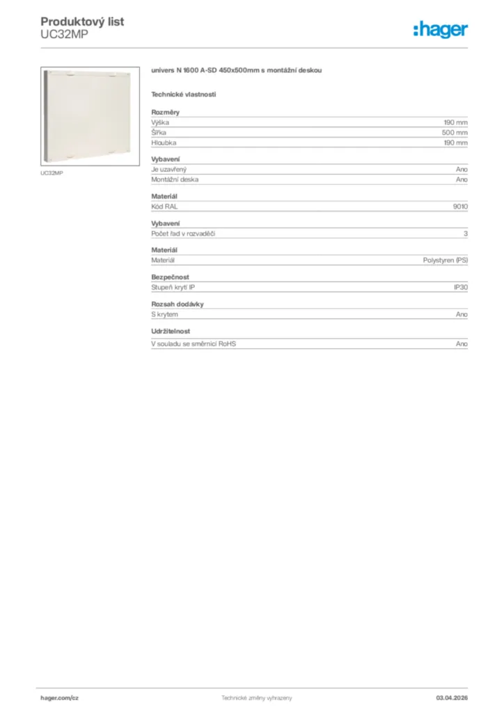 Obrázek Hager Product data sheet UC32MP | Hager