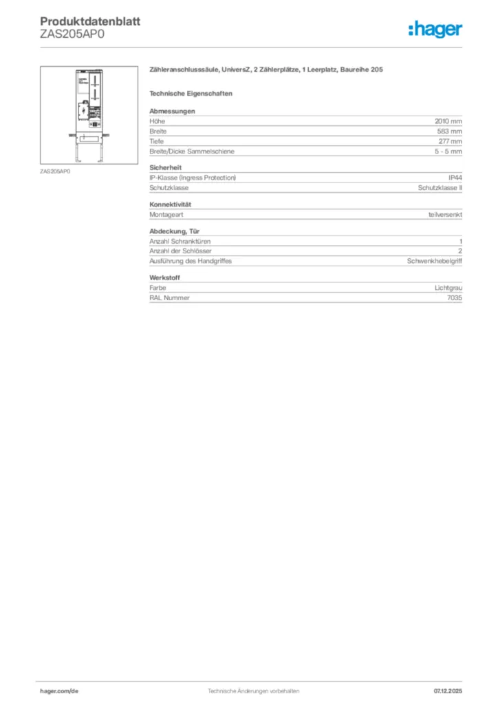 Bild Hager Produktdatenblatt ZAS205AP0 | Hager Deutschland
