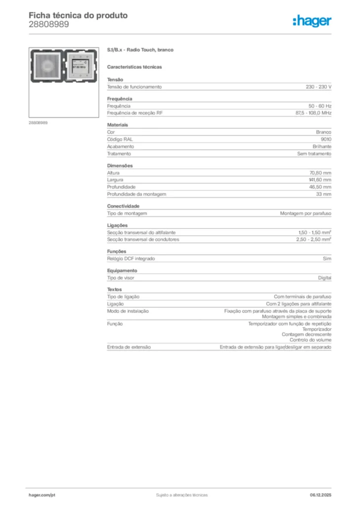 Imagem Hager Ficha técnica do produto 28808989 | Hager Portugal