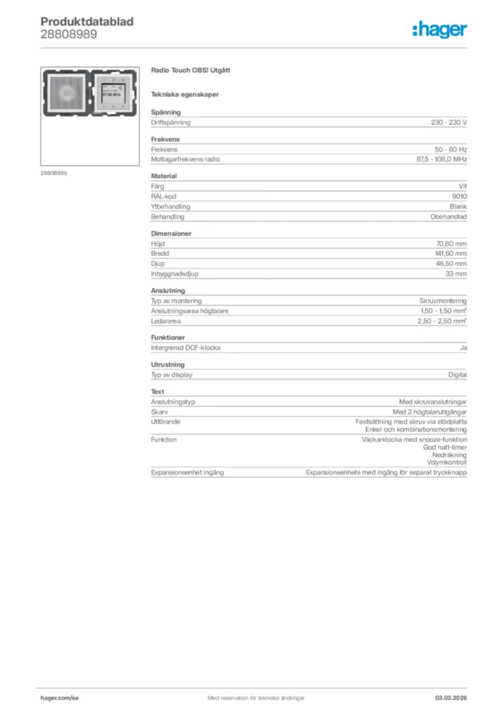 Bild Hager Produktdatablad 28808989 | Hager Sverige