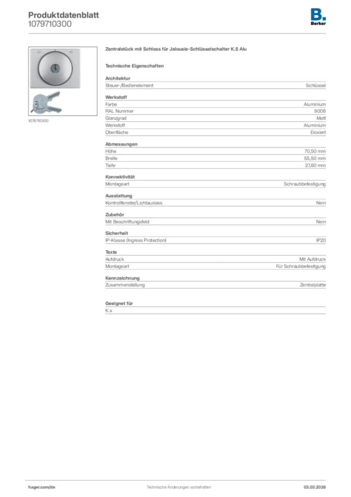 Bild Berker Produktdatenblatt 1079710300 | Hager Deutschland