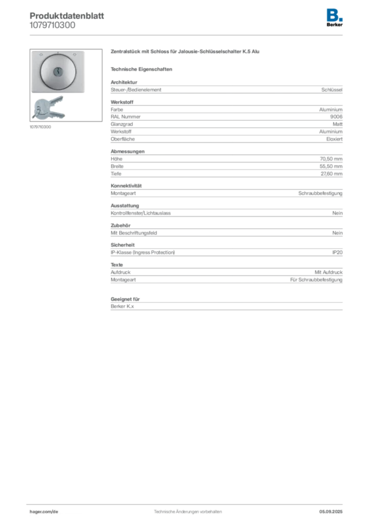 Bild Berker Produktdatenblatt 1079710300 | Hager Deutschland