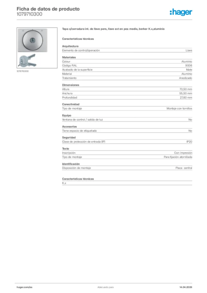 Imagen Hager Ficha de datos de producto 1079710300 | Hager España