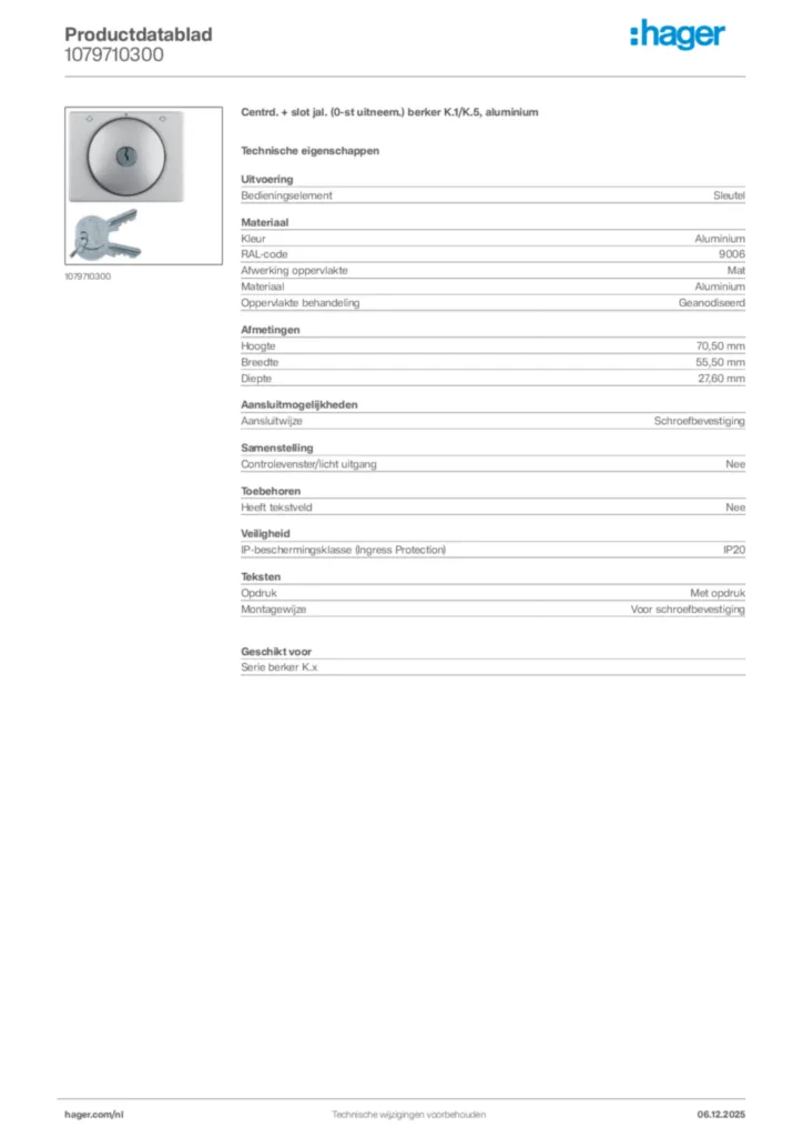 Afbeelding Hager Productdatablad 1079710300 | Hager Nederland