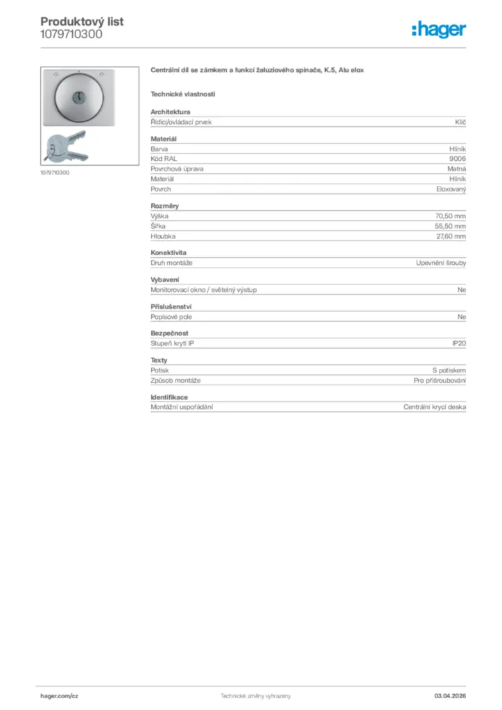 Obrázek Hager Product data sheet 1079710300 | Hager