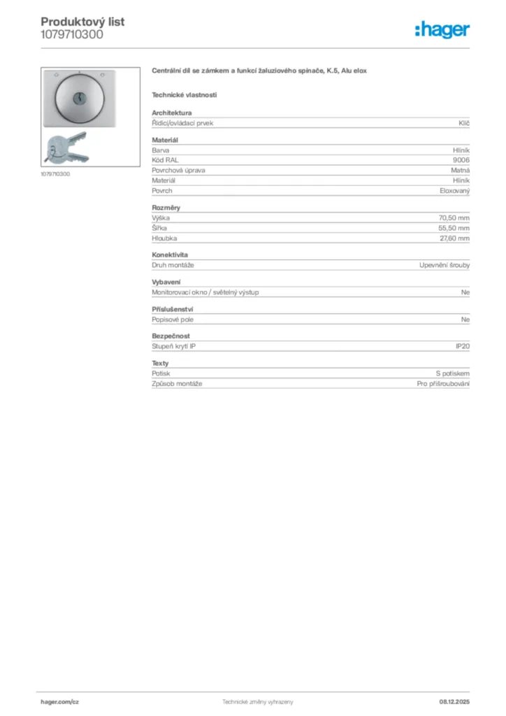 Obrázek Hager Product data sheet 1079710300 | Hager