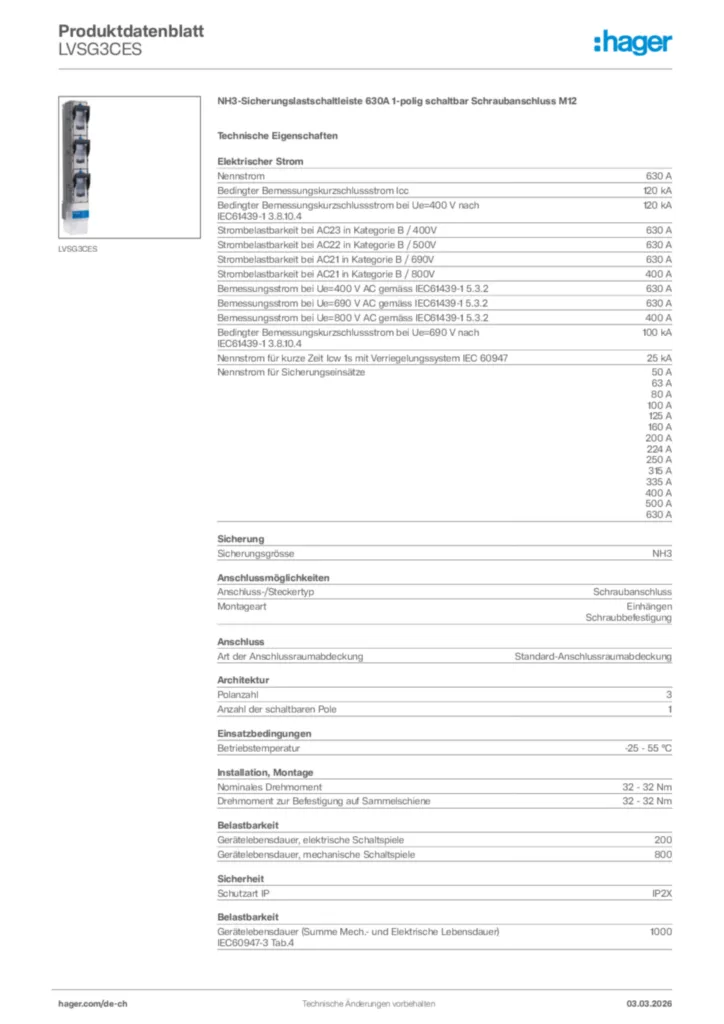 Bild Hager Produktdatenblatt LVSG3CES | Hager Schweiz