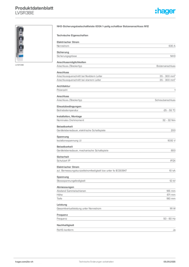 Bild Hager Produktdatenblatt LVSR3BE | Hager Schweiz