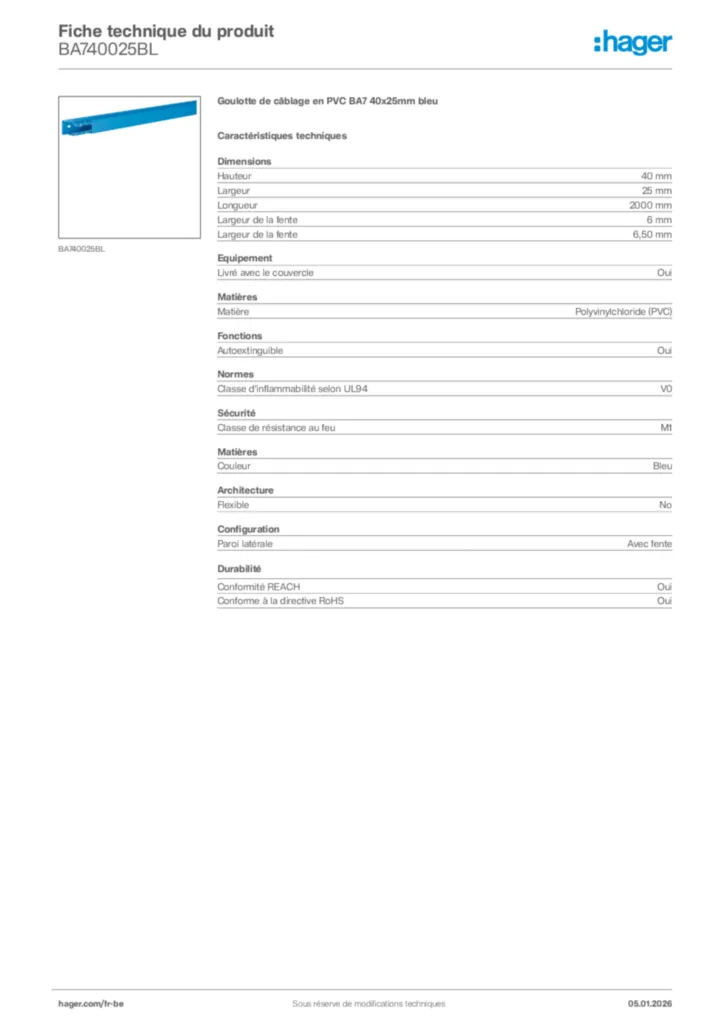 Image Hager Fiche technique du produit BA740025BL | Hager Belgique