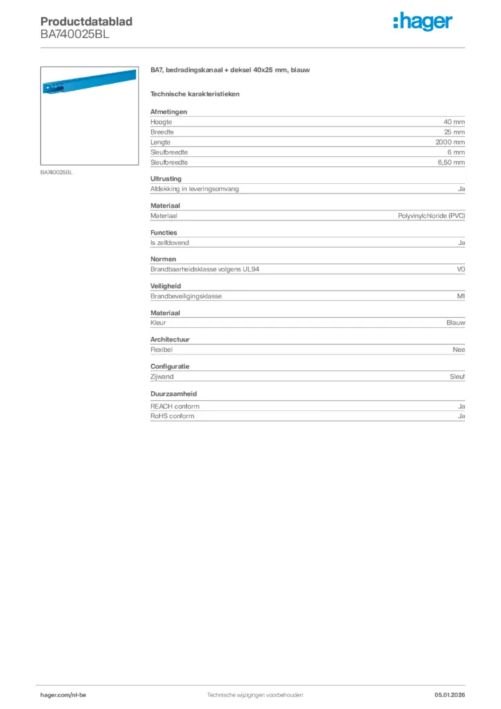 Afbeelding Hager Productdatablad BA740025BL | Hager Belgium