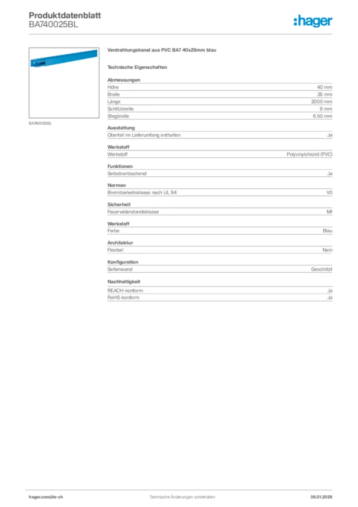 Bild Hager Produktdatenblatt BA740025BL | Hager Schweiz