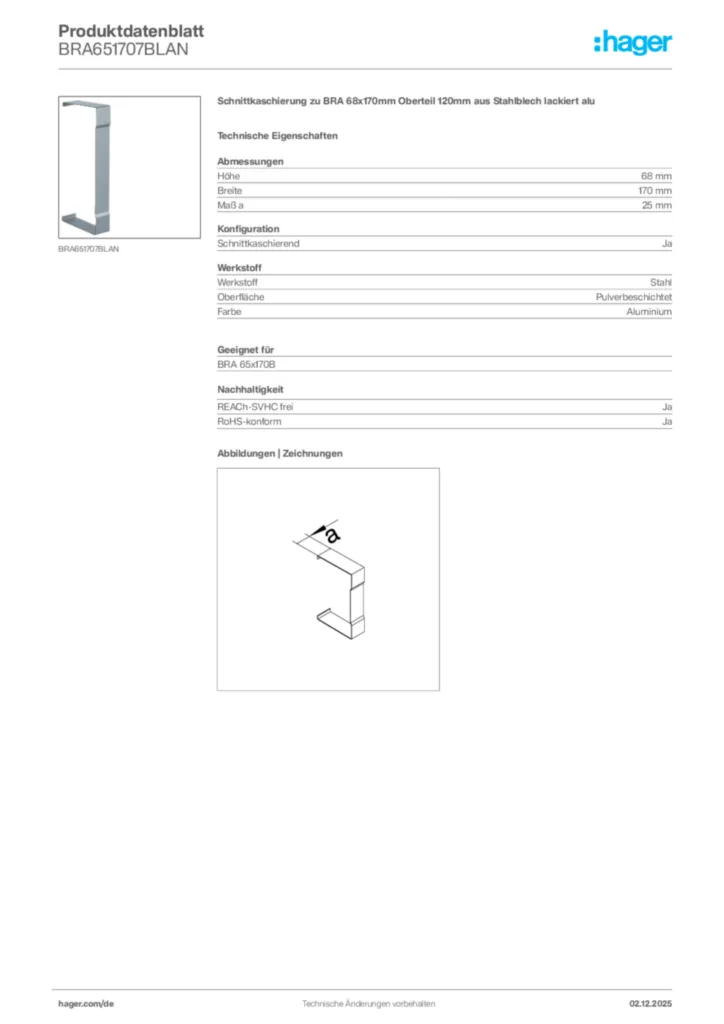 Bild Hager Produktdatenblatt BRA651707BLAN | Hager Deutschland
