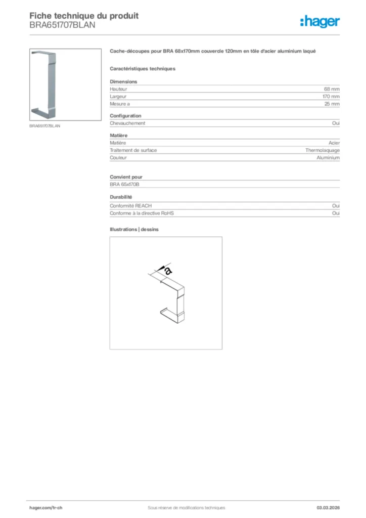 Image Hager Fiche technique du produit BRA651707BLAN | Hager Suisse