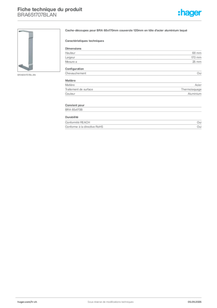 Image Hager Fiche technique du produit BRA651707BLAN | Hager Suisse