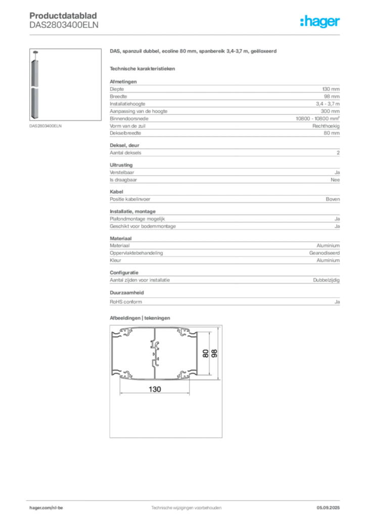 Afbeelding Hager Productdatablad DAS2803400ELN | Hager Belgium