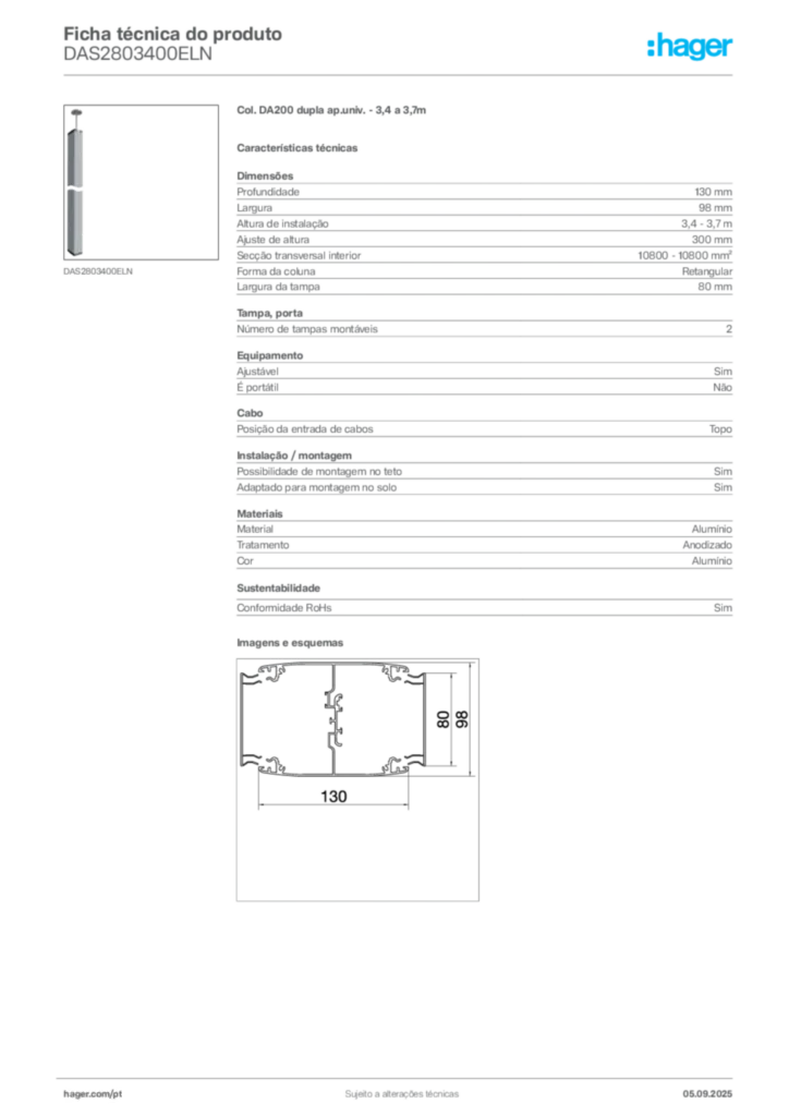 Imagem Hager Ficha técnica do produto DAS2803400ELN | Hager Portugal