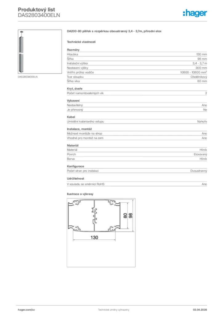 Obrázek Hager Product data sheet DAS2803400ELN | Hager