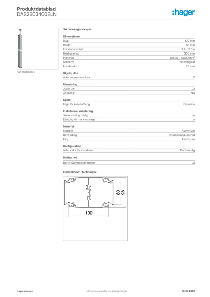 Bild Hager Produktdatablad DAS2803400ELN | Hager Sverige