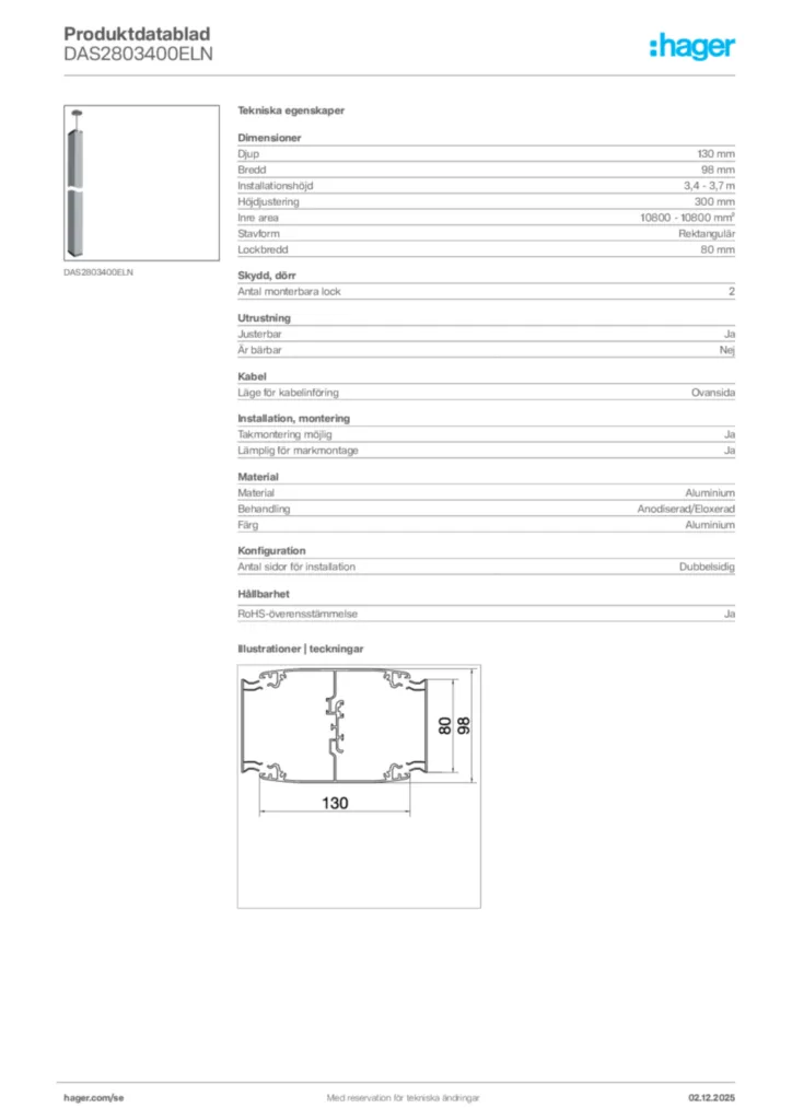 Bild Hager Produktdatablad DAS2803400ELN | Hager Sverige