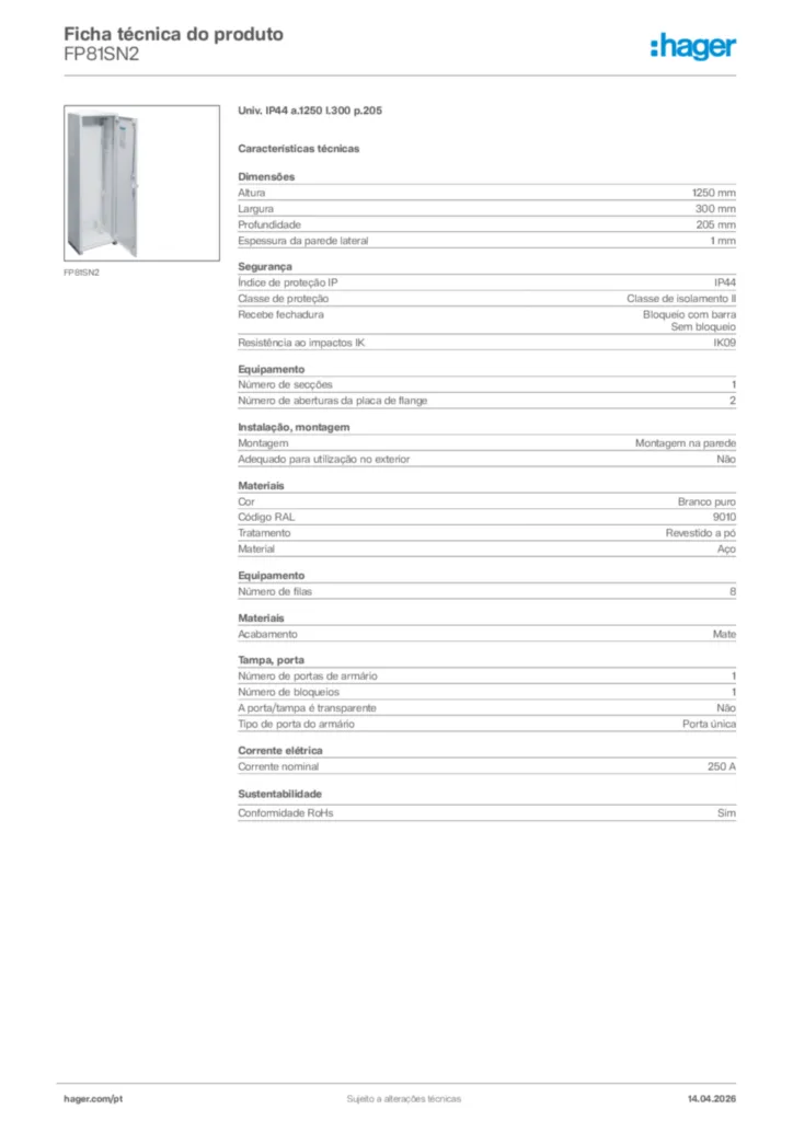 Imagem Hager Ficha técnica do produto FP81SN2 | Hager Portugal