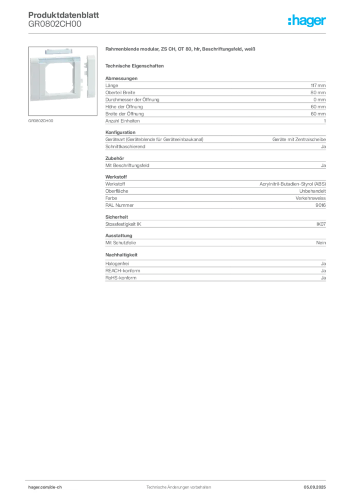 Bild Hager Produktdatenblatt GR0802CH00 | Hager Schweiz