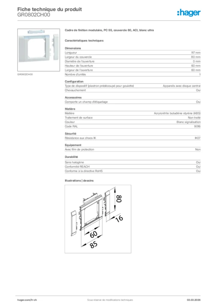 Image Hager Fiche technique du produit GR0802CH00 | Hager Suisse