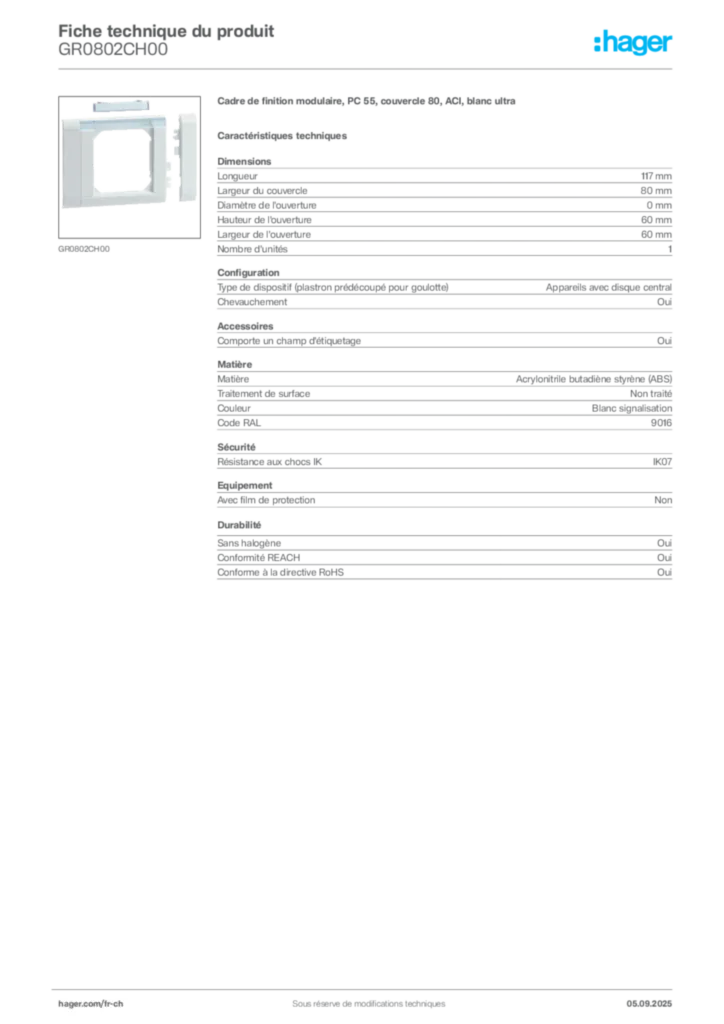 Image Hager Fiche technique du produit GR0802CH00 | Hager Suisse