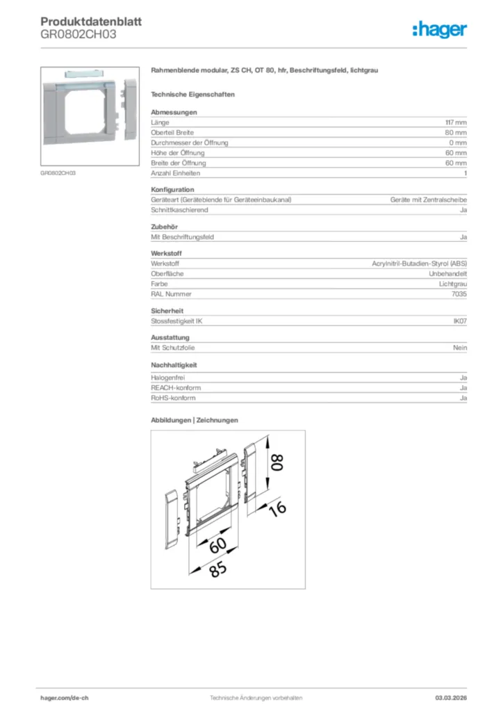 Bild Hager Produktdatenblatt GR0802CH03 | Hager Schweiz