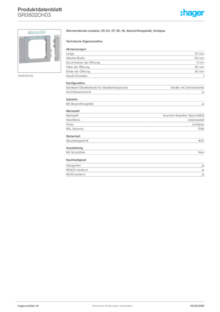 Bild Hager Produktdatenblatt GR0802CH03 | Hager Schweiz
