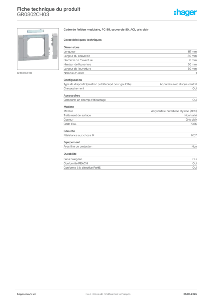 Image Hager Fiche technique du produit GR0802CH03 | Hager Suisse