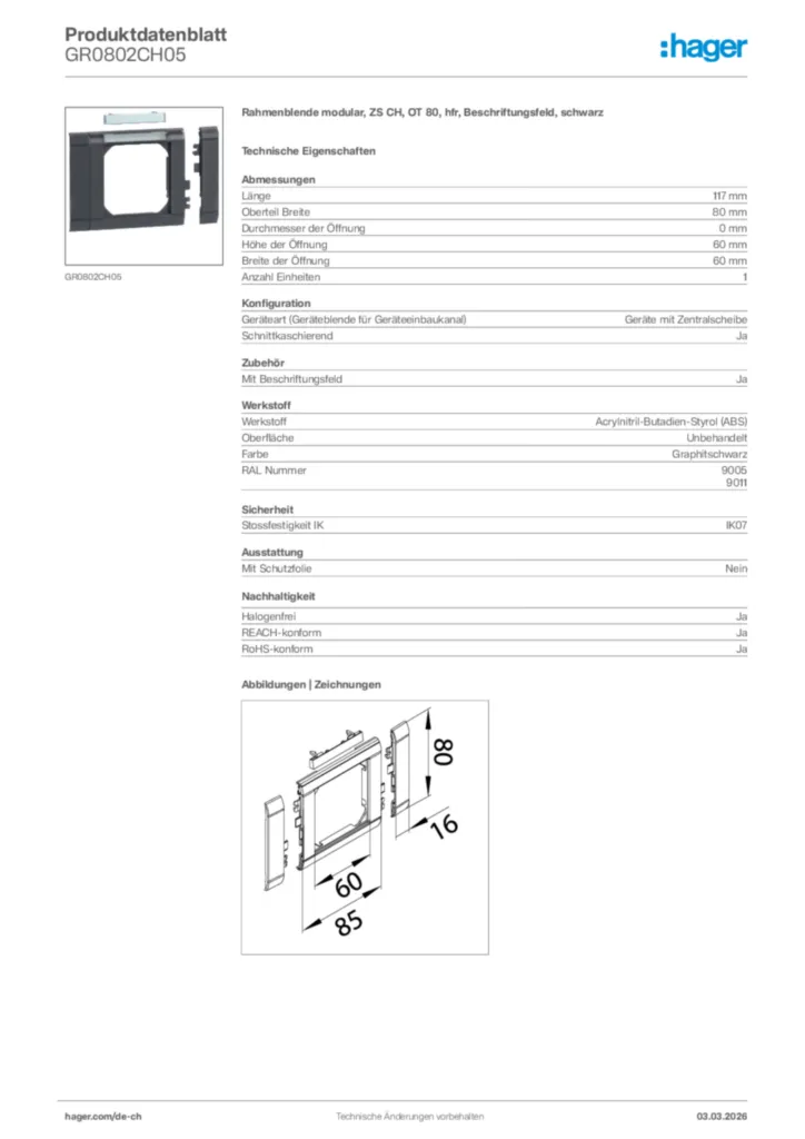Bild Hager Produktdatenblatt GR0802CH05 | Hager Schweiz